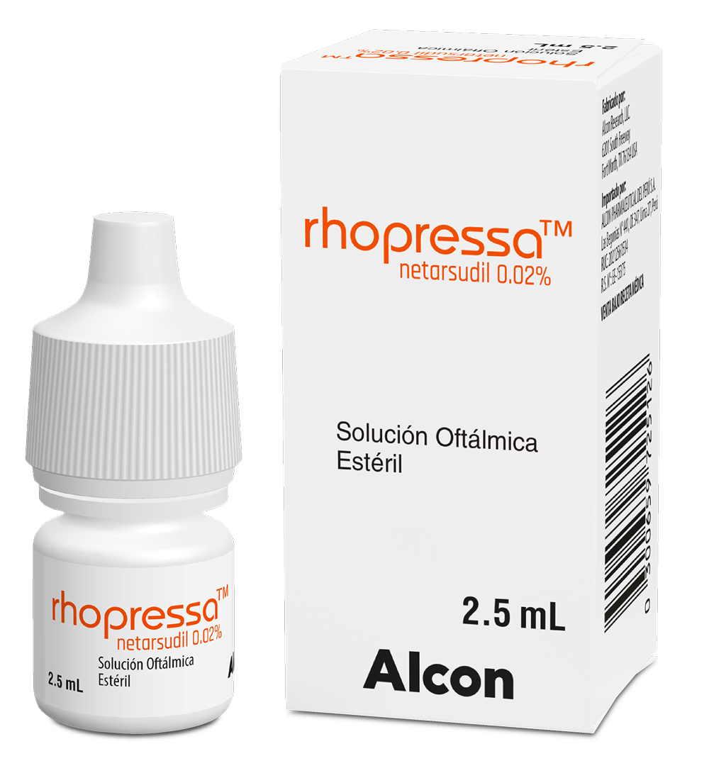 Photograph of the Rhopressa 2.5 mL box and bottle