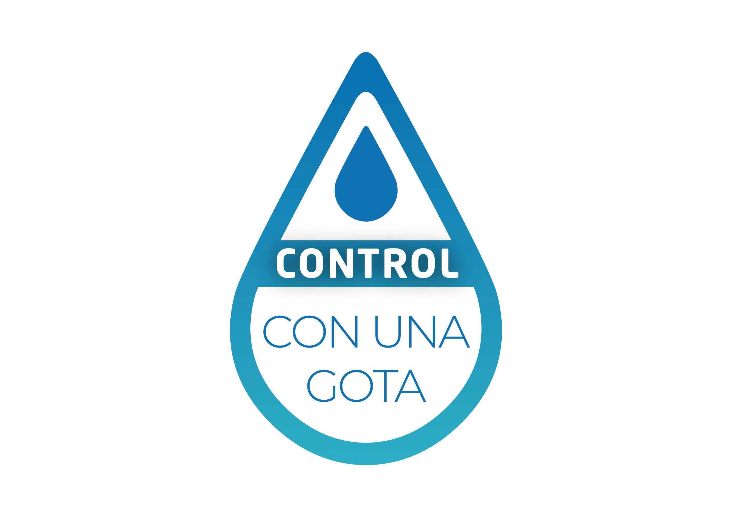 Blue and white teardrop Graphic with the words "CONTROL CON UNA GOTA" inside