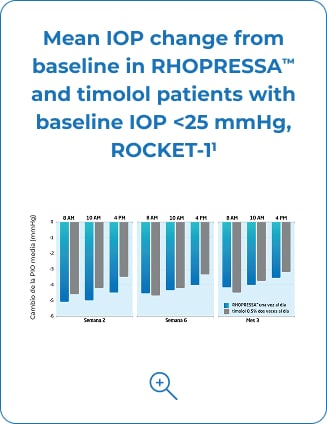 Mean IOP change from baseline in RHOPRESSA and timolol patients with baseline IOP <25 mmHg, ROCKET-1