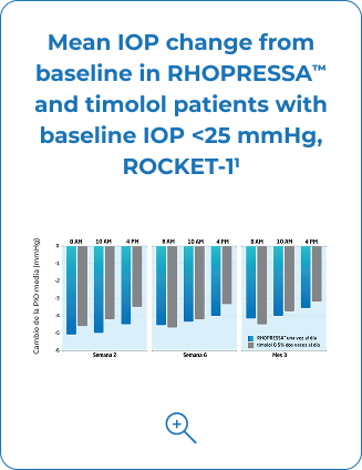Mean IOP change from baseline in RHOPRESSA and timolol patients with baseline IOP <25 mmHg, ROCKET-1